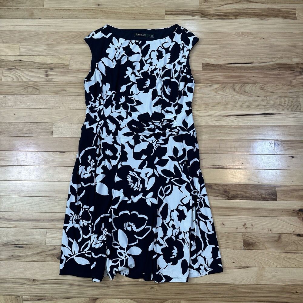 Lauren Ralph Lauren Floral Print Dress Sleeveless Black White Fit&Flare Size 16